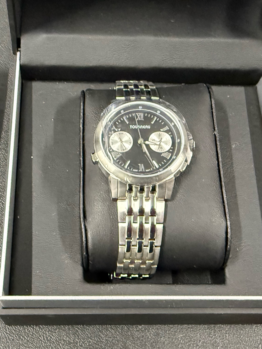 Tourneau Silver-Tone Chronograph Watch with Black Dial